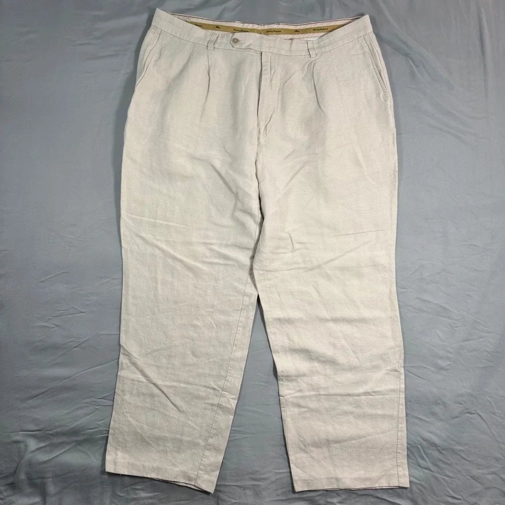 Tommy Bahama Mens 40x30 (Fits 40x28) Linen Silk Pleated Beige Straight Leg Pants